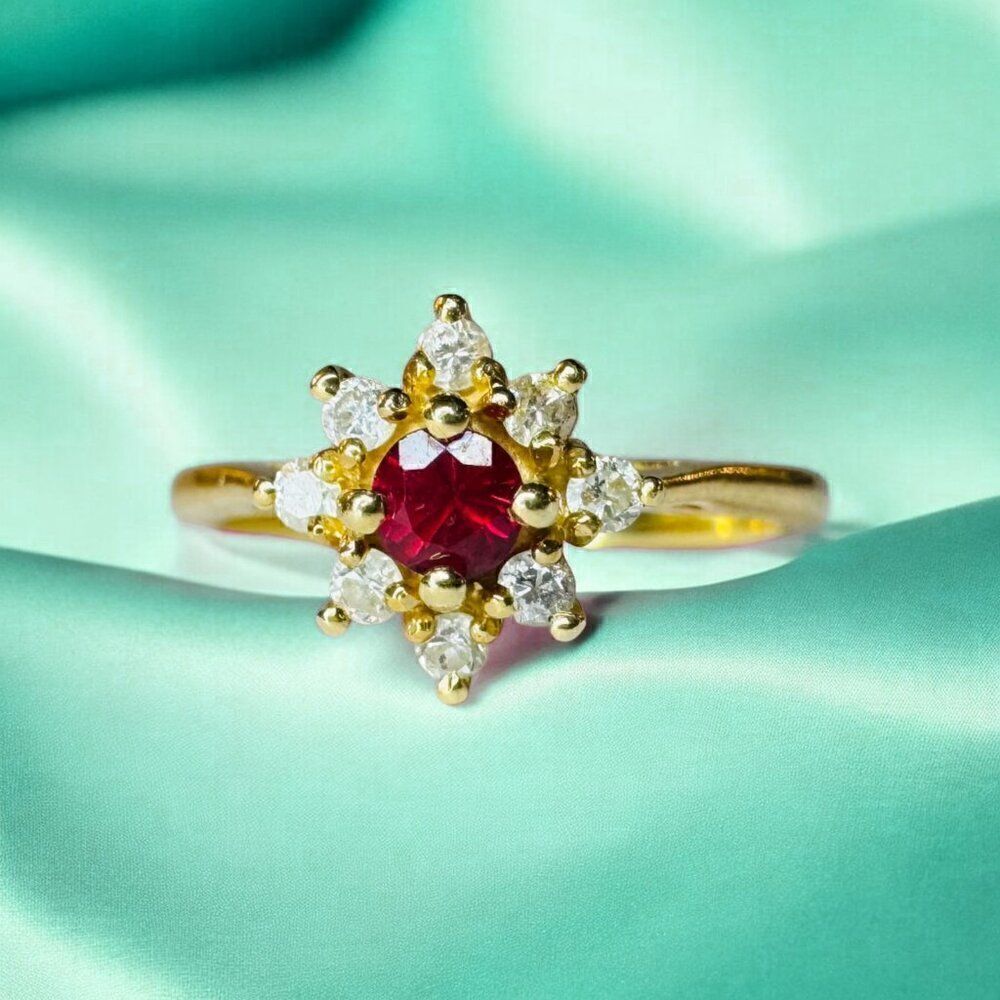 14k Gold Natural Burmese Red Ruby & Diamond Ring Sz 5.75 Earth Mined Flower Ring